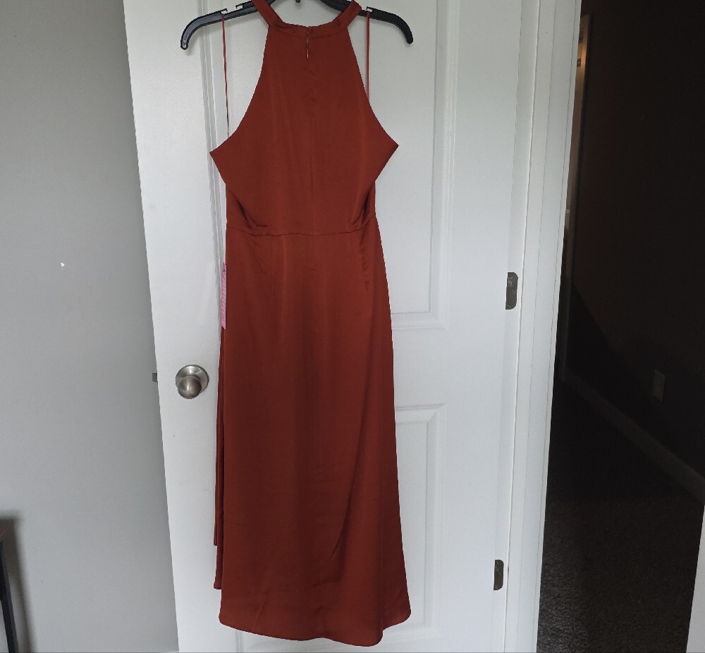 Badgley Mischka Rust Halter Ruffle High-Low Gown - Picture 15 of 16